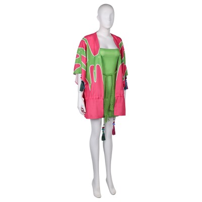 ABBA Agnetha Faltskong Retro 70s Pink Printed Robe Dress Set Suit Cosplay Costume Halloween Carnival Outfit
